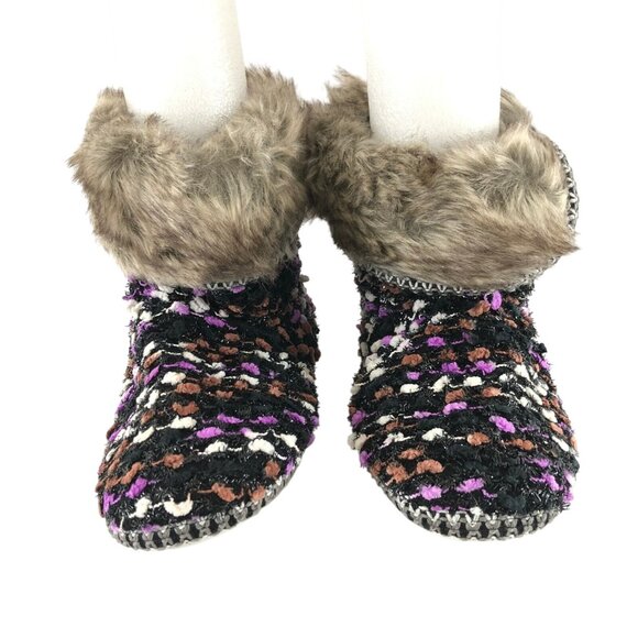 Isaac Mizrahi Womens Knit Bootie Slippers Faux Fur Slip On Purple Black S 6-7 - Picture 2 of 6